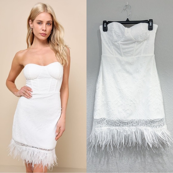 NWOT Lulus Vivacious Moment Ivory Lace Bustier Strapless Feather Mini Dress - Picture 1 of 9